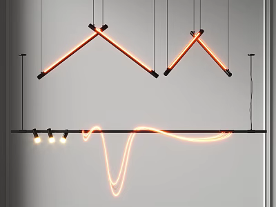Modern Multiple Hanging Pendant Light Design With Orange Neon Curves And Geometric Triangle Shapes 3d model