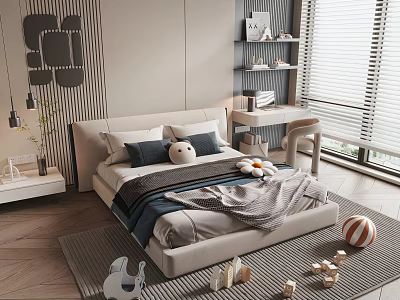 Kids Bed with Beige Headboard Gray Blue Bedding and Toys on Rug in Children Room 3d model
