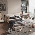 Kids Bed with Beige Headboard Gray Blue Bedding and Toys on Rug in Children Room