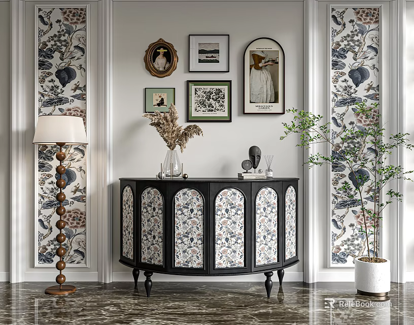 Elegant Entryway Console Table With Floral Pattern Decorative Vase And Wall Art 3d model 