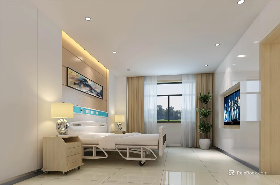 Modern Hospital Room Interior With Two Beds TV Window And Potted Plant 3d model 