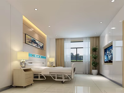 Modern Hospital Room Interior With Two Beds TV Window And Potted Plant 3d model