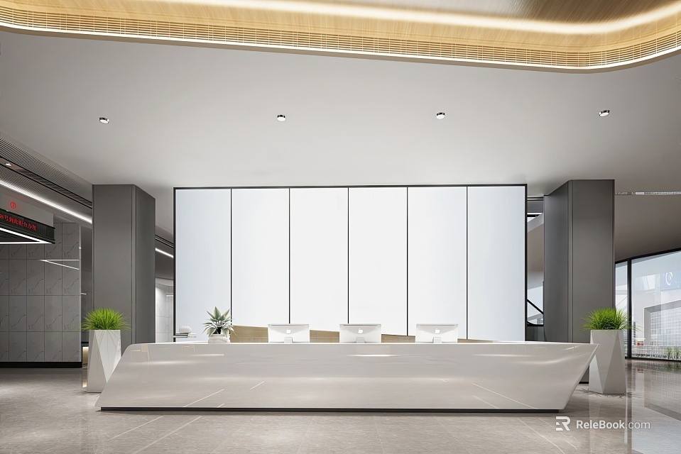 Modern Hotel Lobby Interior With White Reception Desk Potted Plants And Wooden Strip Ceiling Lighting 3d model 