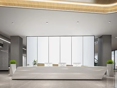 Modern Hotel Lobby Interior With White Reception Desk Potted Plants And Wooden Strip Ceiling Lighting 3d model