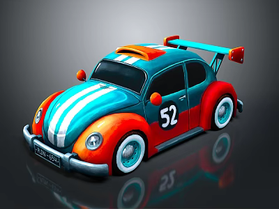 Cartoon Racing Car With Blue And Orange Body White Stripes Number 52 And Retro Design 3d model
