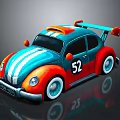 Cartoon Racing Car With Blue And Orange Body White Stripes Number 52 And Retro Design