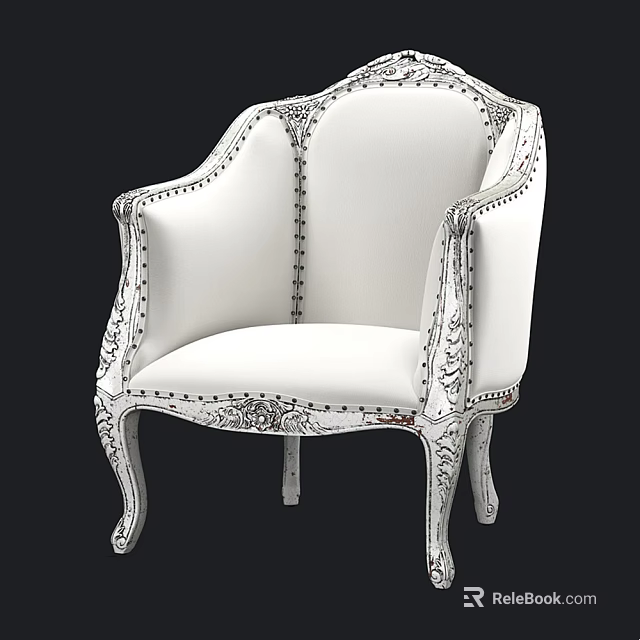 Classic Style White Upholstered Leisure Chair With Carved Armrests Rivet Details And Ornate Leg Design 3d model 