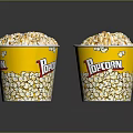Two Yellow Popcorn Buckets With Printed Popcorn Design On Dark Reflective Background 3d model