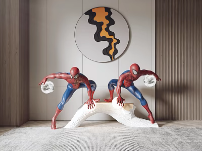 Modern Detailed Two Spider-Man Sculptures in Crouching Pose on White Base 3d model