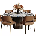 Round Marble Dining Table Set With Six Brown Chairs Vase Flower Arrangement And Tableware 3d model
