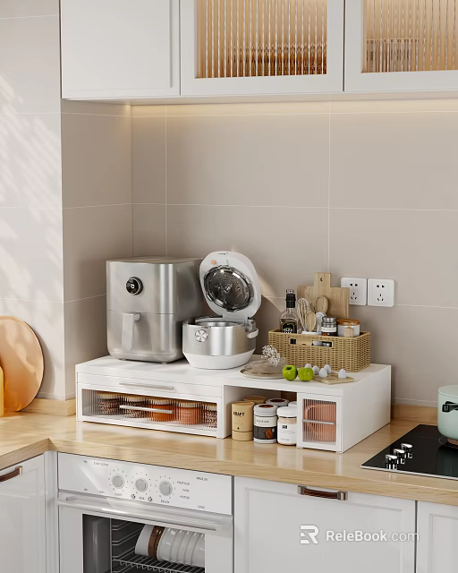White Kitchen Storage Shelf With Air Fryer Rice Cooker And Spices Organizer 3d model 