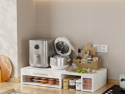 White Kitchen Storage Shelf With Air Fryer Rice Cooker And Spices Organizer 3d model