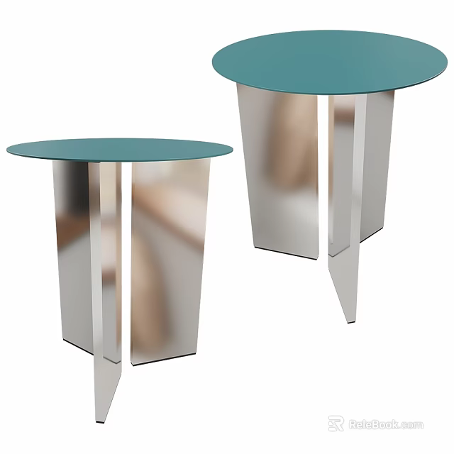 Modern Minimalist Side Tables With Blue Round Top And Silver Metal Legs 3d model 
