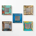 Four Decorative Mirrors With Colorful Frames And Patterns Hanging On White Wall 3d model