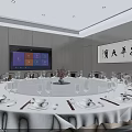 Elegant Private Dining Room Interior With Round Dining Table Chairs And Calligraphy Artwork 3d model