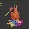 Campfire Scene With Burning Flame Wood Logs And Marshmallow On Stick