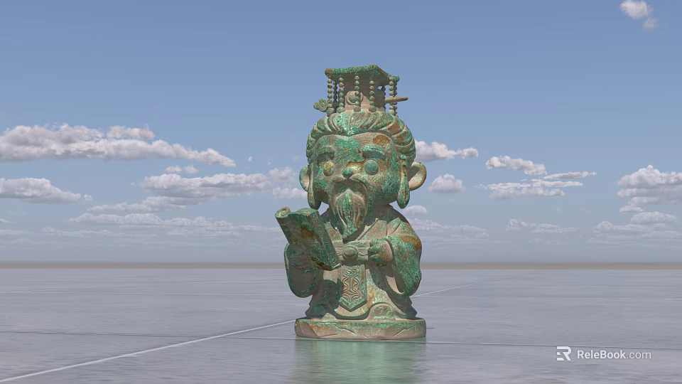 Ancient Bronze Landscape Sculpture Figure with Ornate Headdress Holding Scroll Against Blue Sky 3d model 