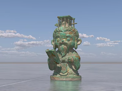 Ancient Bronze Landscape Sculpture Figure with Ornate Headdress Holding Scroll Against Blue Sky 3d model