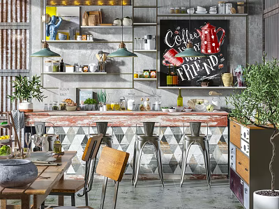 Modern Restaurant Interior With Bar Counter Stools Chalkboard Menu And Green Plants 3d model