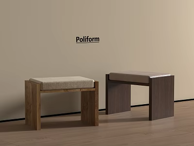 Modern Wooden Stools With Upholstered Seats Against Wall Poliform Brand On Wooden Floor 3d model