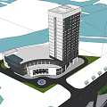 Modern Commercial Complex High Rise Building With Glass Facade And Urban Greenery