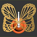 Golden Butterfly Metal Sculpture With Orange Round Base And Intricate Wing Design