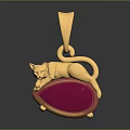 Elegant Gold Pendant Sculpture With Intricate Carved Cat On Red Gemstone