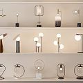 Various Modern Table Lamps With Different Designs Displayed On White Shelves 3d model
