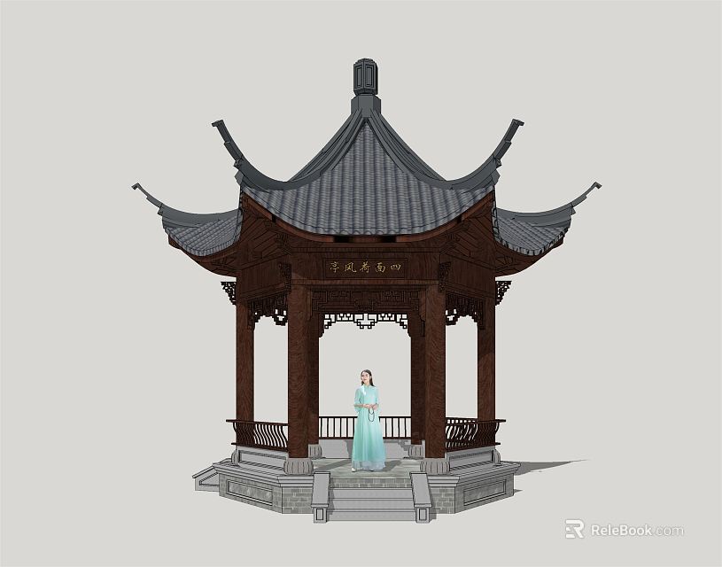 Traditional Chinese Wooden Pavilion With Black Tiled Roof And Person In Light Blue Clothing 3d model 