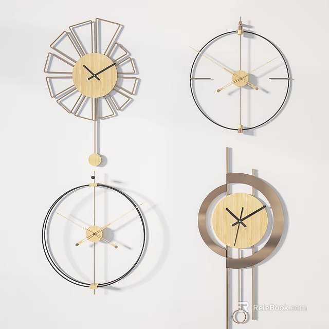 Four Different Modern Design Clocks With Wooden And Metal Frames 3d model 