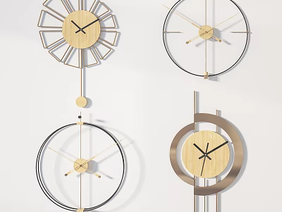 Four Different Modern Design Clocks With Wooden And Metal Frames 3d model