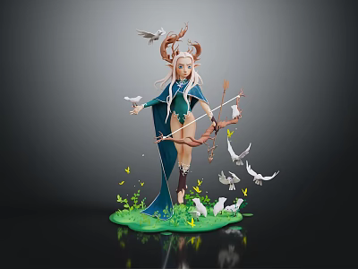 Elven Archer With Horns And Bow Surrounded By White Birds Butterflies On Green Grass 3d model