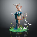 Elven Archer With Horns And Bow Surrounded By White Birds Butterflies On Green Grass
