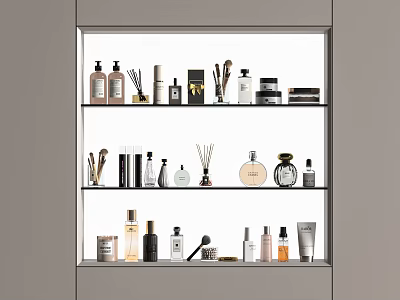 Elegant Perfume Cosmetics Display Shelf With Various Products On Layered Racks 3d model
