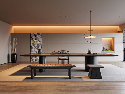 Modern Tea Room Interior With Long Wooden Table Chairs Bench And Hanging Lamp 3d model