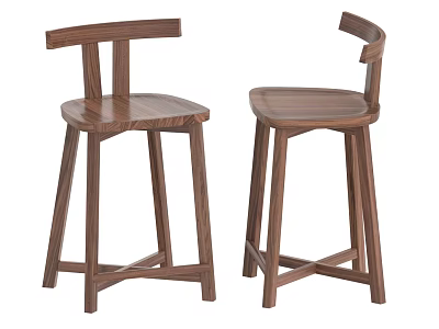 Modern Minimalist Single Walnut Wood Bar Stool With Crossed Legs And Simple Backrest 3d model