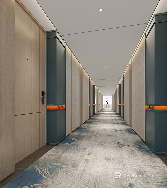 Hotel Corridor With Wooden Dark Walls Orange Accents Patterned Carpet And Ceiling Lights 3d model 