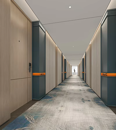 Hotel Corridor With Wooden Dark Walls Orange Accents Patterned Carpet And Ceiling Lights 3d model