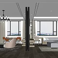 Modern Hotel Guest Room With Large Windows City View Sofa And Chandelier