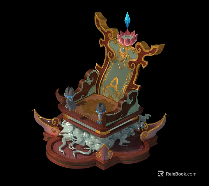Cartoon Style Ornate Throne With Lotus Blue Gemstone And Dragon Patterns 3d model 