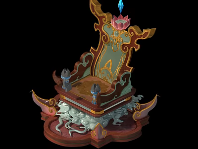 Cartoon Style Ornate Throne With Lotus Blue Gemstone And Dragon Patterns 3d model