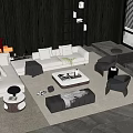 Modern Luxury Light Gray Sofa With Square Coffee Table And Black Chairs 3d model