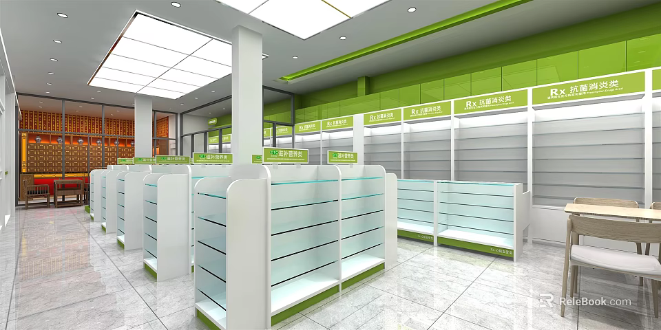 Green And White Specialty Store Interior With Glass Display Cases And Ceiling Lights 3d model 