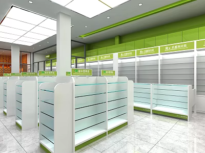 Green And White Specialty Store Interior With Glass Display Cases And Ceiling Lights 3d model