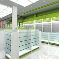 Green And White Specialty Store Interior With Glass Display Cases And Ceiling Lights