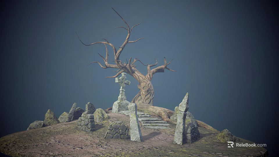Desolate Hill Scene With Dead Tree Stone Cross And Stone Monuments 3d model 