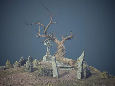 Desolate Hill Scene With Dead Tree Stone Cross And Stone Monuments 3d model
