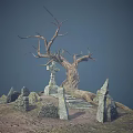 Desolate Hill Scene With Dead Tree Stone Cross And Stone Monuments
