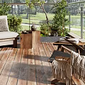 Villa Balcony with Wooden Deck Glass Railing Comfortable Loungers Green Plants and Lake View