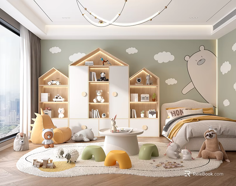 Cozy Kids Bedroom With Cartoon Wall Art And Storage Furniture 3d model 